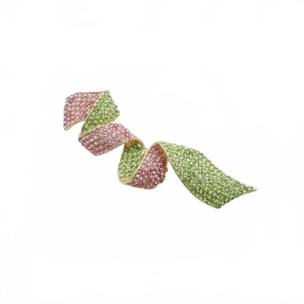 NEW PINKTOWNUSA women's encrusted brooch flowy ribbon pin in pink/green